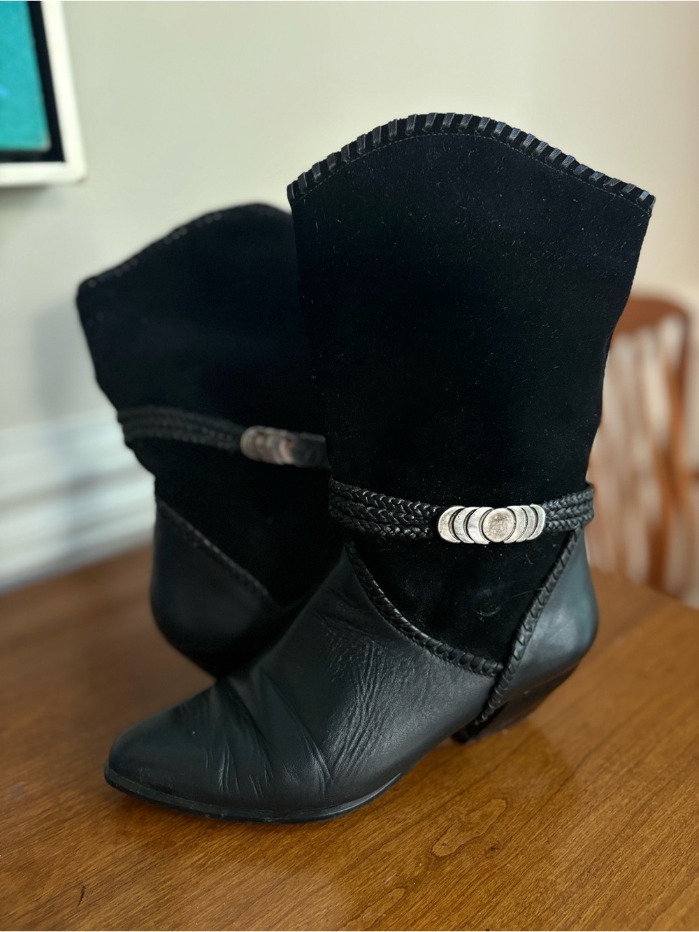 Black Women's cowboy Boot with Braided Accent and silver buckle